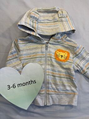 Bundles Baby Place - 3-6M Grey Striped Kids Hoodie with Lion Patch